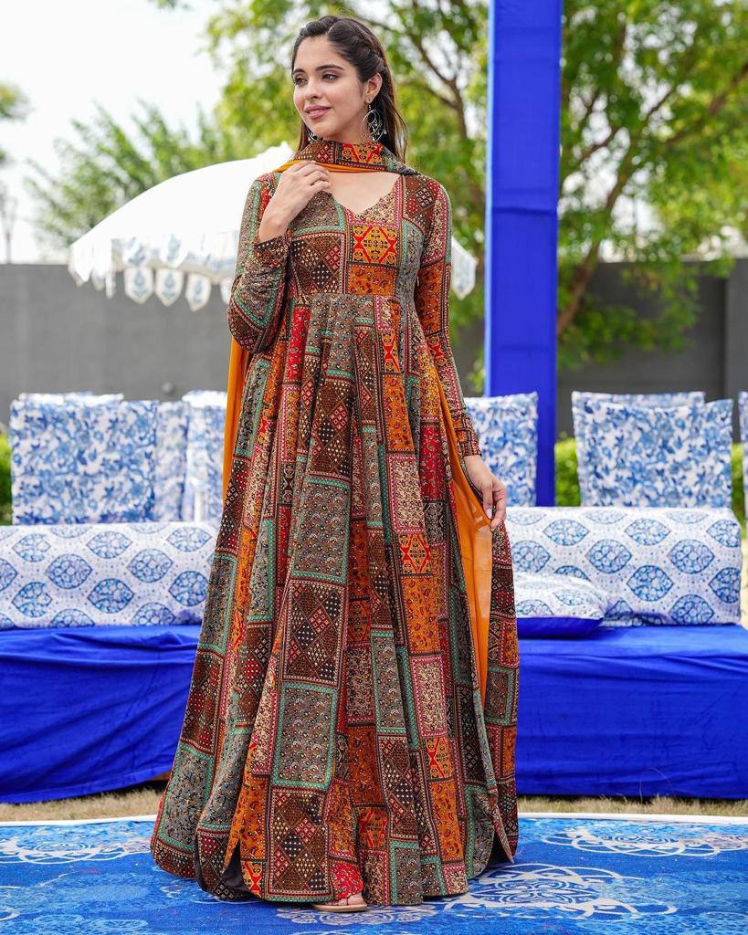 Multicolor Fox Georgette Maxi Dress With Nazneen Dupatta Partywear Suit Set For Girls & Women