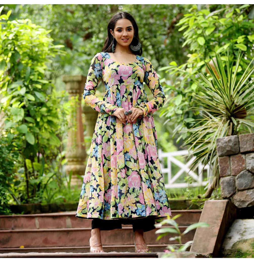 Multiple Flowers Printed Fox Georgette Digital Printed Maxi Dress With Plazo Pent