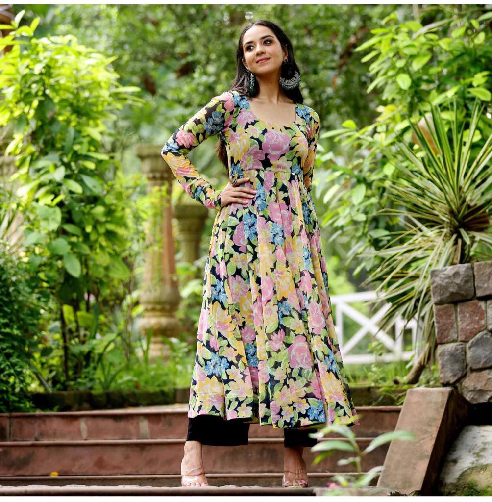 Multiple Flowers Printed Fox Georgette Digital Printed Maxi Dress With Plazo Pent