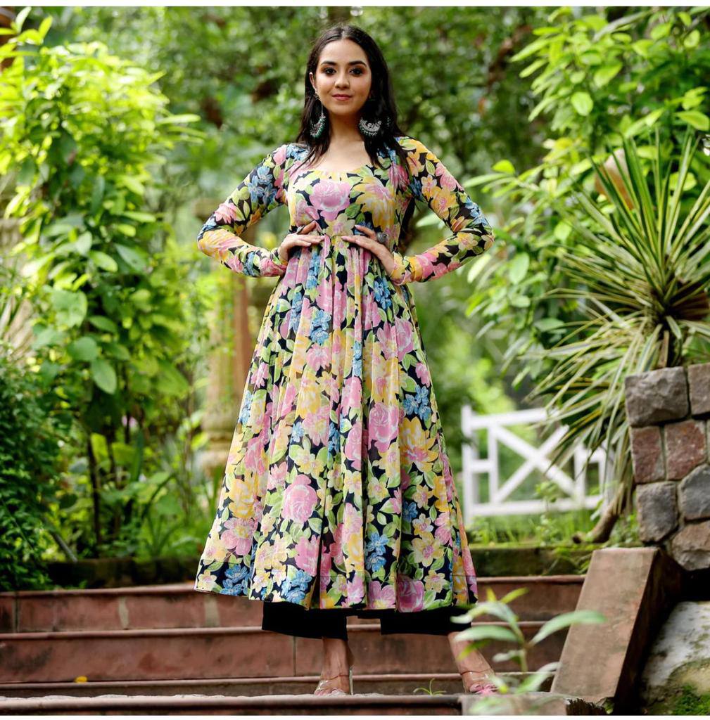 Multiple Flowers Printed Fox Georgette Digital Printed Maxi Dress With Plazo Pent