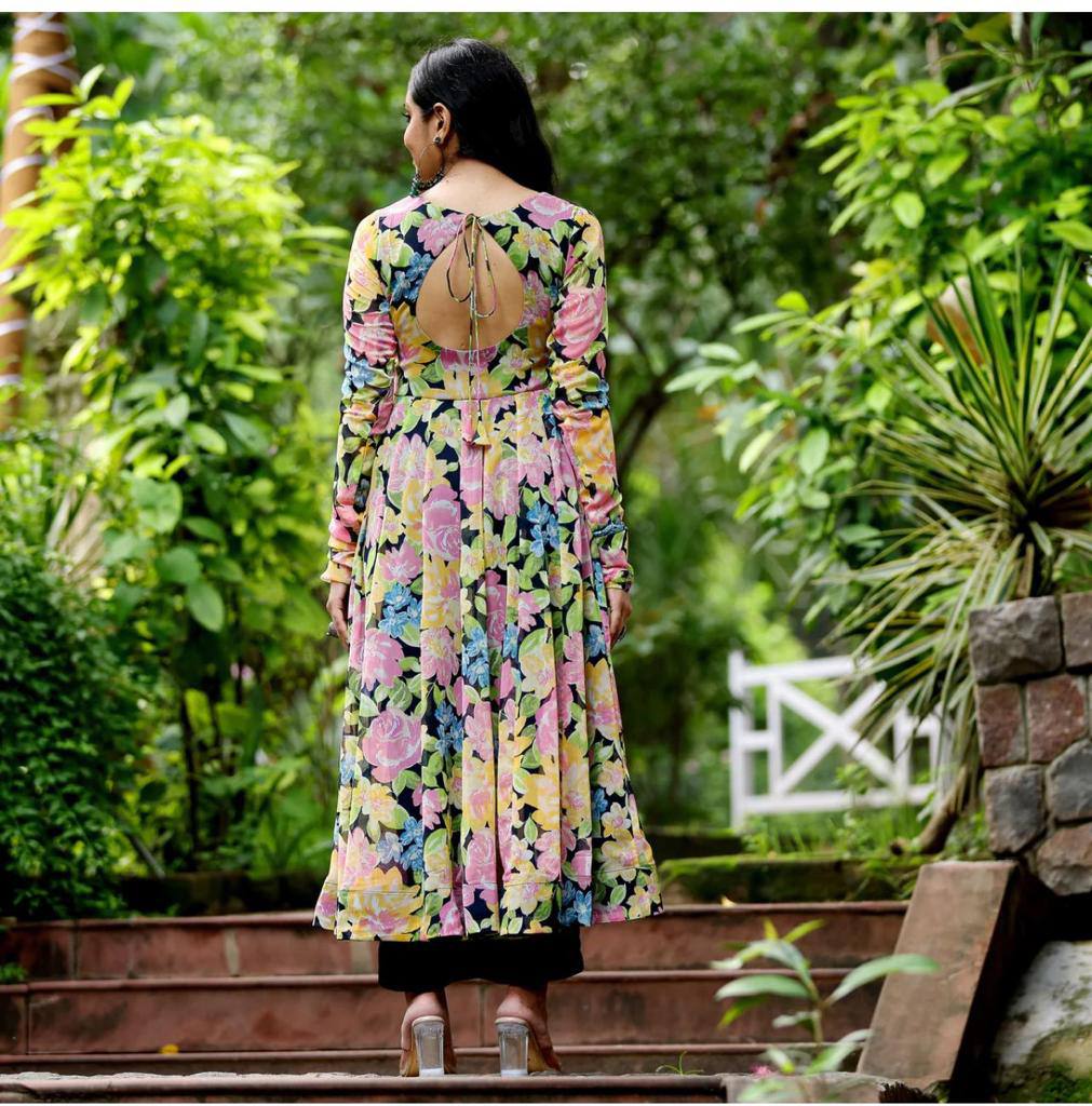 Multiple Flowers Printed Fox Georgette Digital Printed Maxi Dress With Plazo Pent
