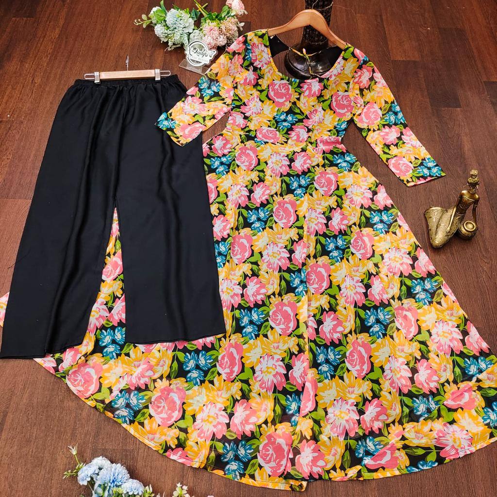 Multiple Flowers Printed Fox Georgette Digital Printed Maxi Dress With Plazo Pent