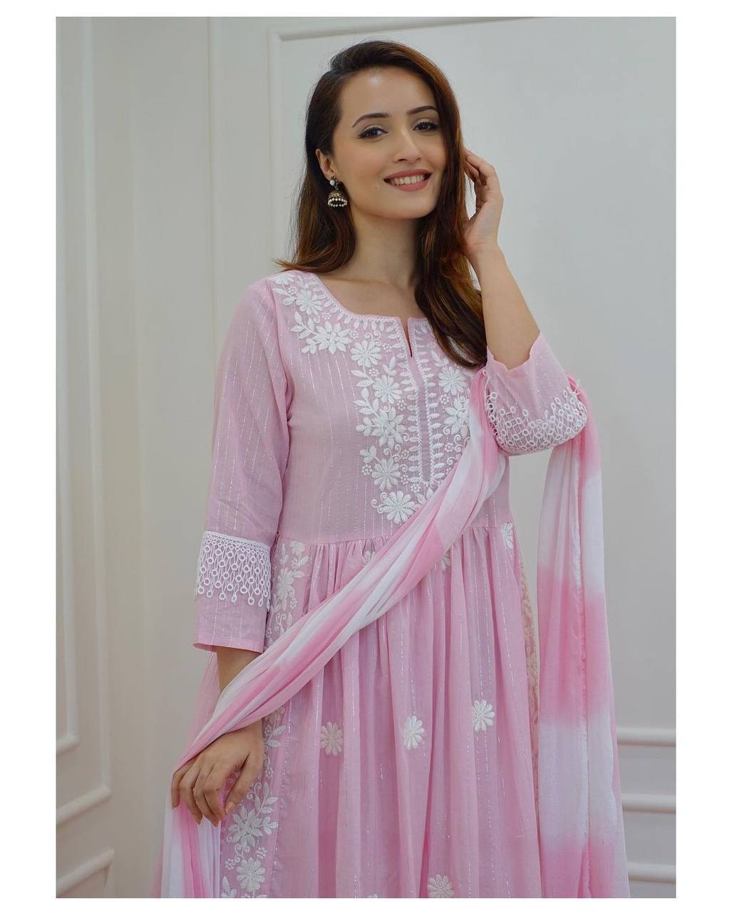 Pink & White Coloured Pure Cotton with Elegant Chikankari Nayracut Women Designer Kurti with Pant & Dupatta
