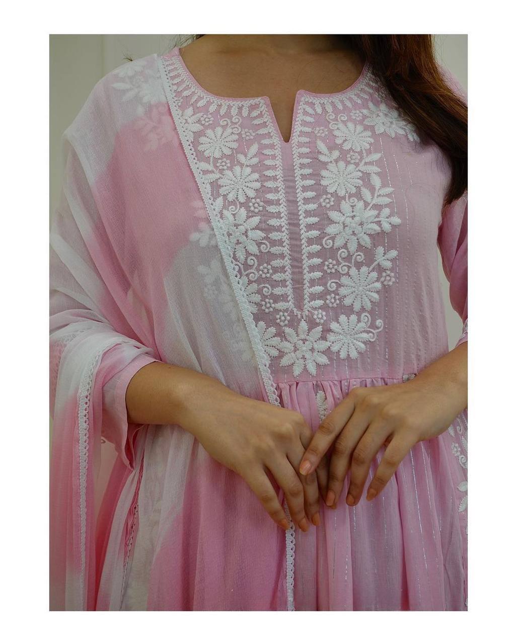 Pink & White Coloured Pure Cotton with Elegant Chikankari Nayracut Women Designer Kurti with Pant & Dupatta