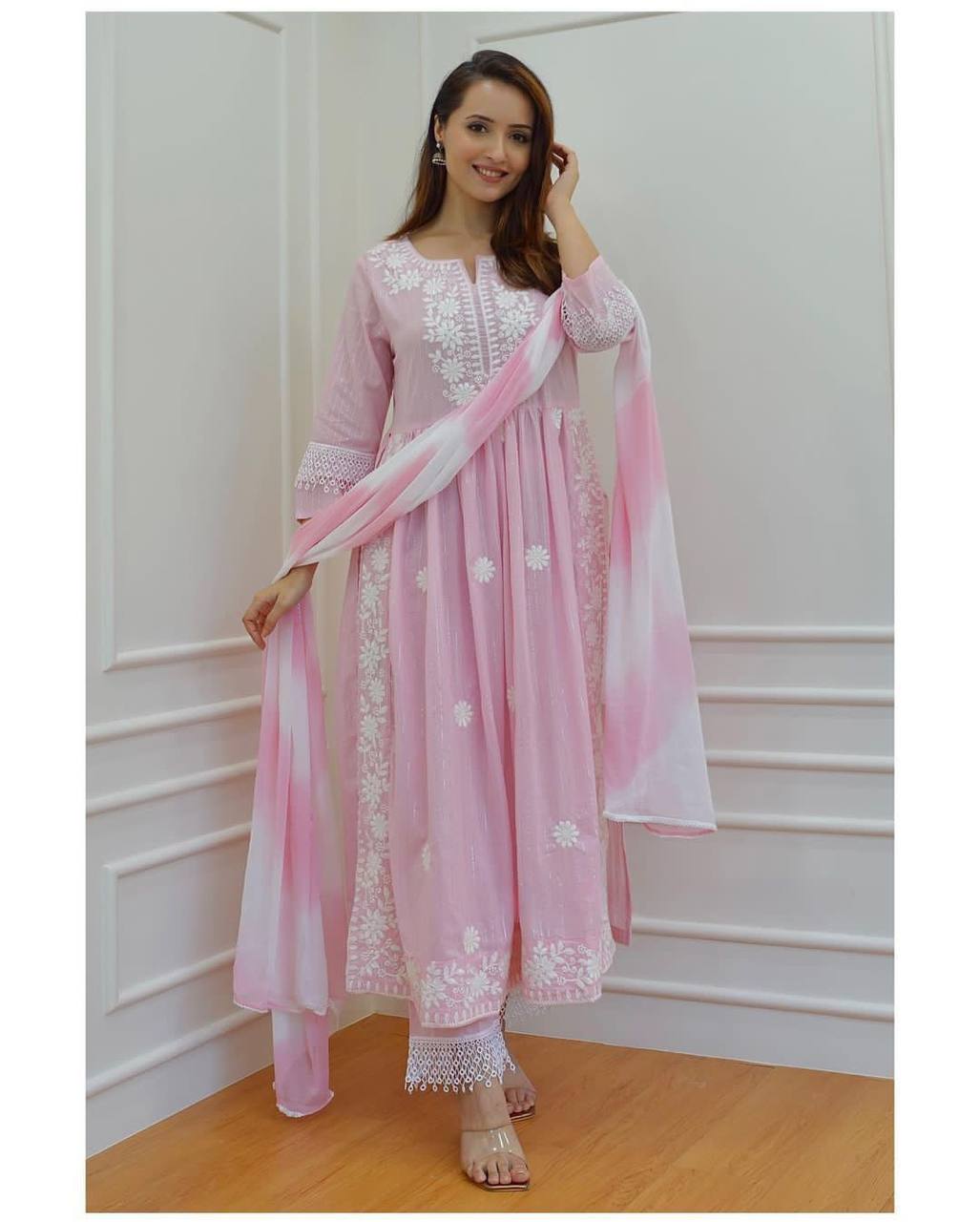 Pink & White Coloured Pure Cotton with Elegant Chikankari Nayracut Women Designer Kurti with Pant & Dupatta