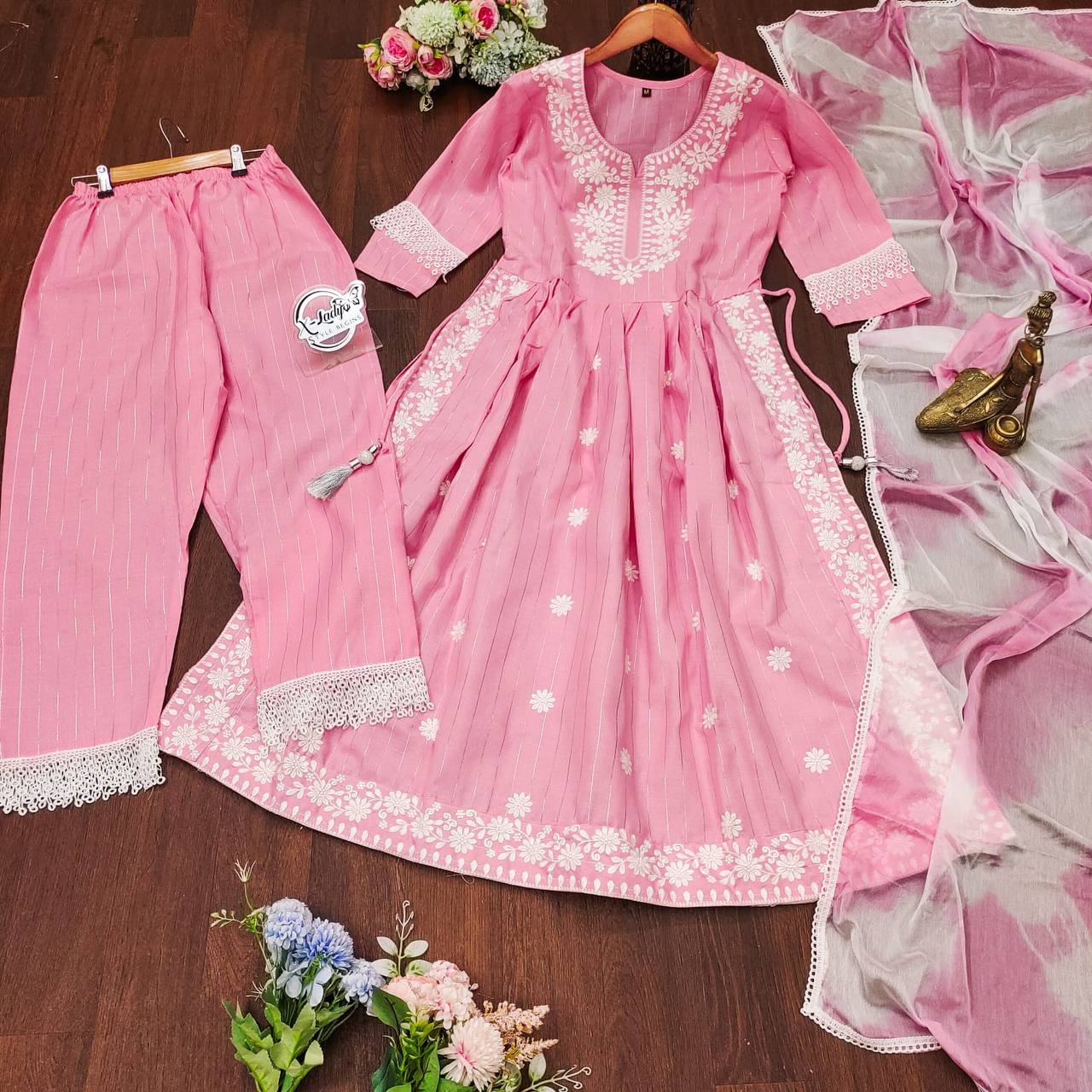 Pink & White Coloured Pure Cotton with Elegant Chikankari Nayracut Women Designer Kurti with Pant & Dupatta