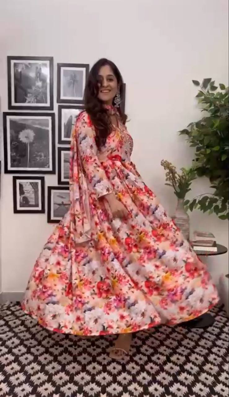 Designer Indian Georgette Long Flared Anarkali Maxi Dress with Dupatta Floor Length Salwar Kameez Readymade Partywear 2 Pc Set