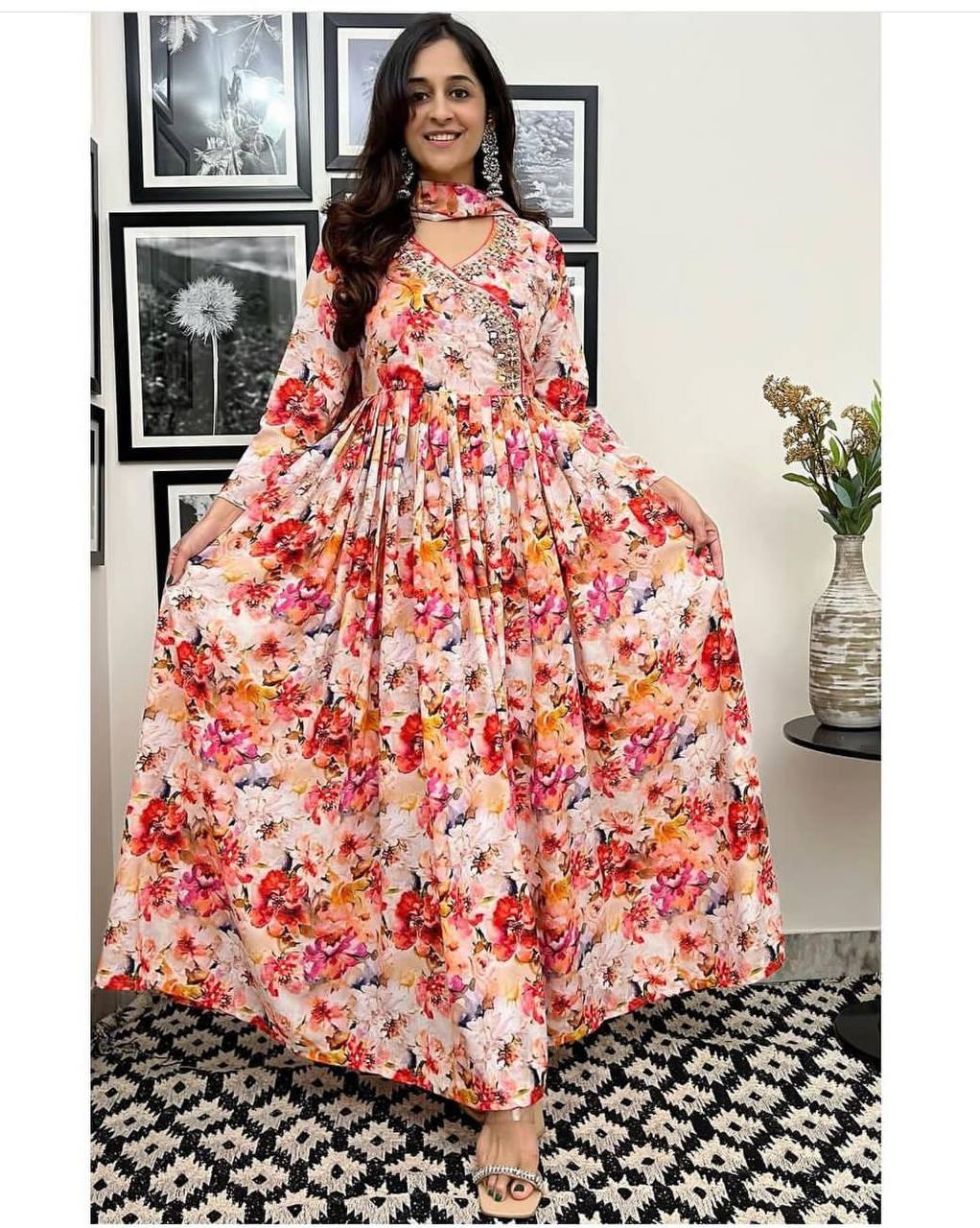 Designer Indian Georgette Long Flared Anarkali Maxi Dress with Dupatta Floor Length Salwar Kameez Readymade Partywear 2 Pc Set