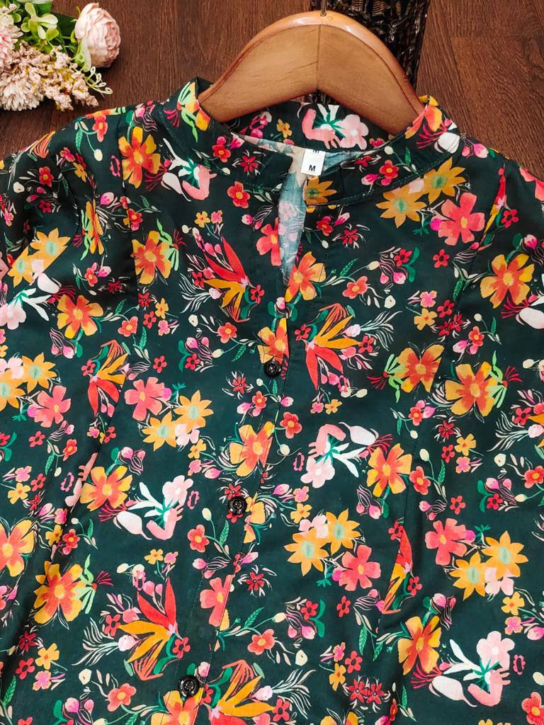 Floral Printed Cotton Fancy Front Open Kurti With Plazzo Pant