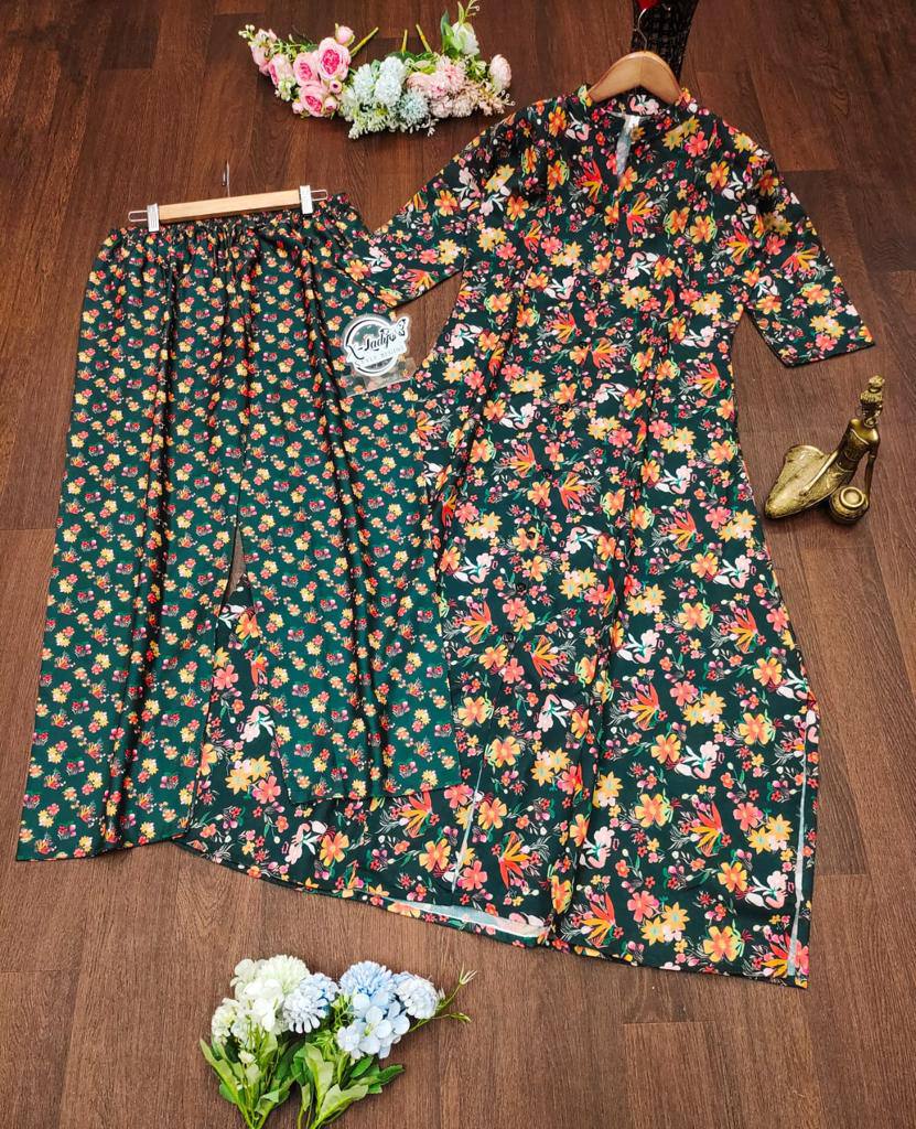 Floral Printed Cotton Fancy Front Open Kurti With Plazzo Pant