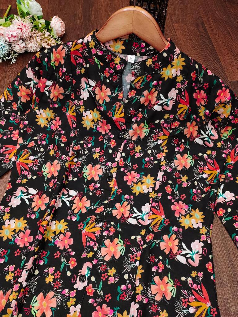 Floral Printed Cotton Fancy Front Open Kurti With Plazzo Pant