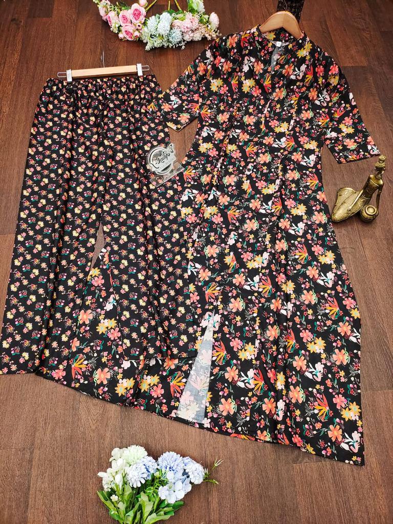Floral Printed Cotton Fancy Front Open Kurti With Plazzo Pant