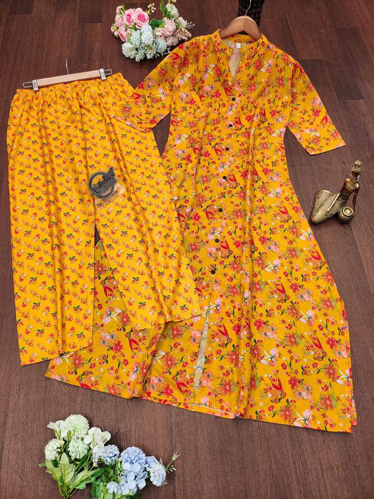 Floral Printed Cotton Fancy Front Open Kurti With Plazzo Pant