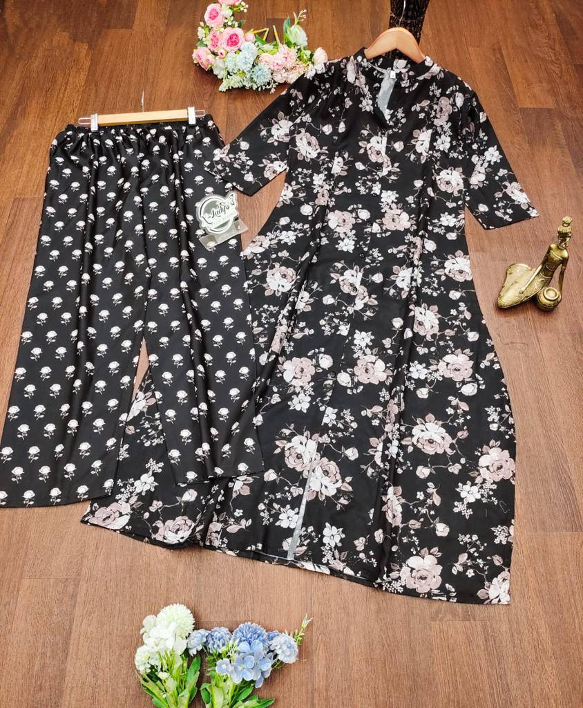 Floral Printed Cotton Fancy Front Open Kurti With Plazzo Pant