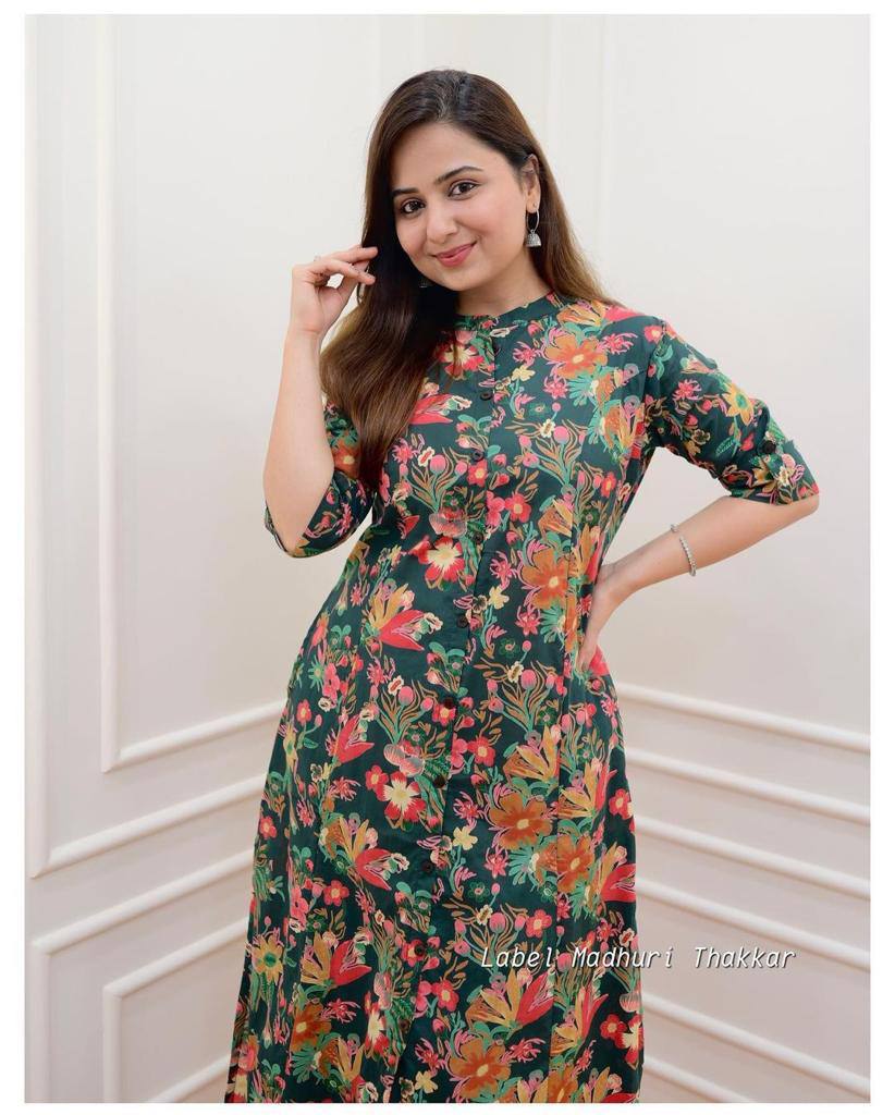 Floral Printed Cotton Fancy Front Open Kurti With Plazzo Pant