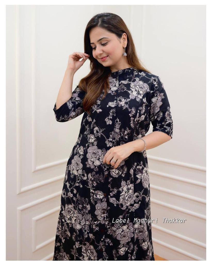 Floral Printed Cotton Fancy Front Open Kurti With Plazzo Pant