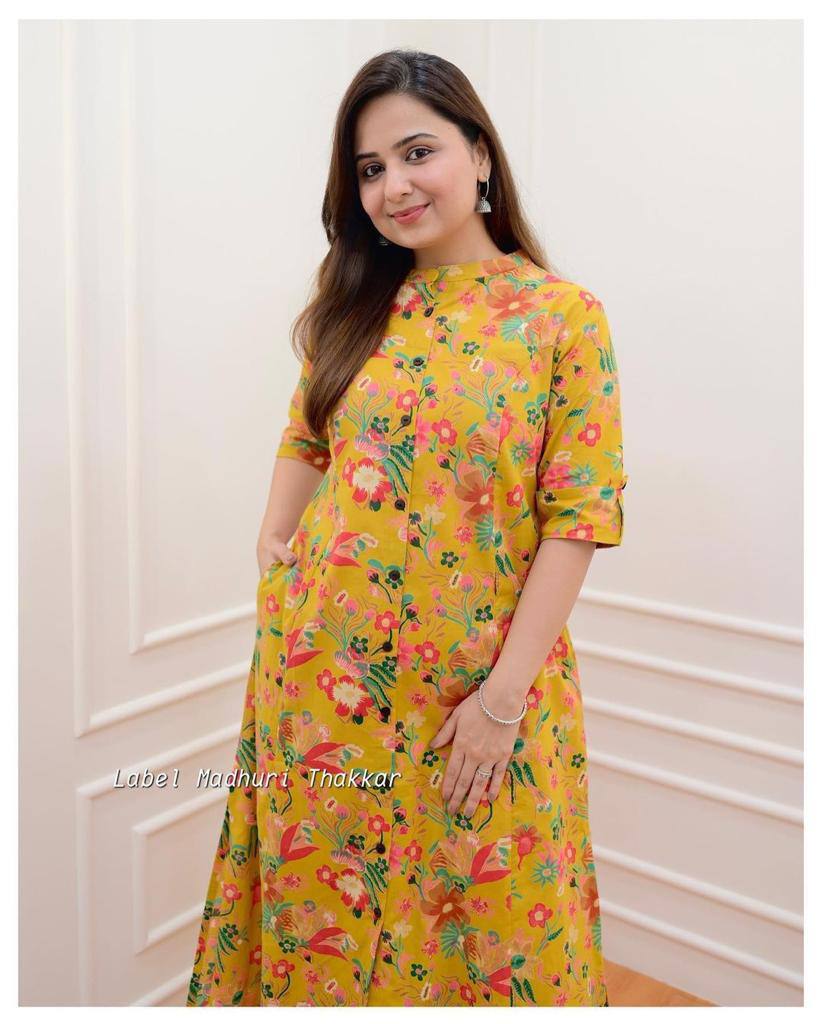 Floral Printed Cotton Fancy Front Open Kurti With Plazzo Pant