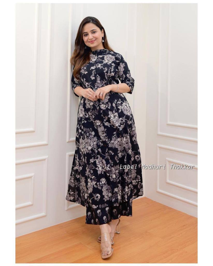 Floral Printed Cotton Fancy Front Open Kurti With Plazzo Pant