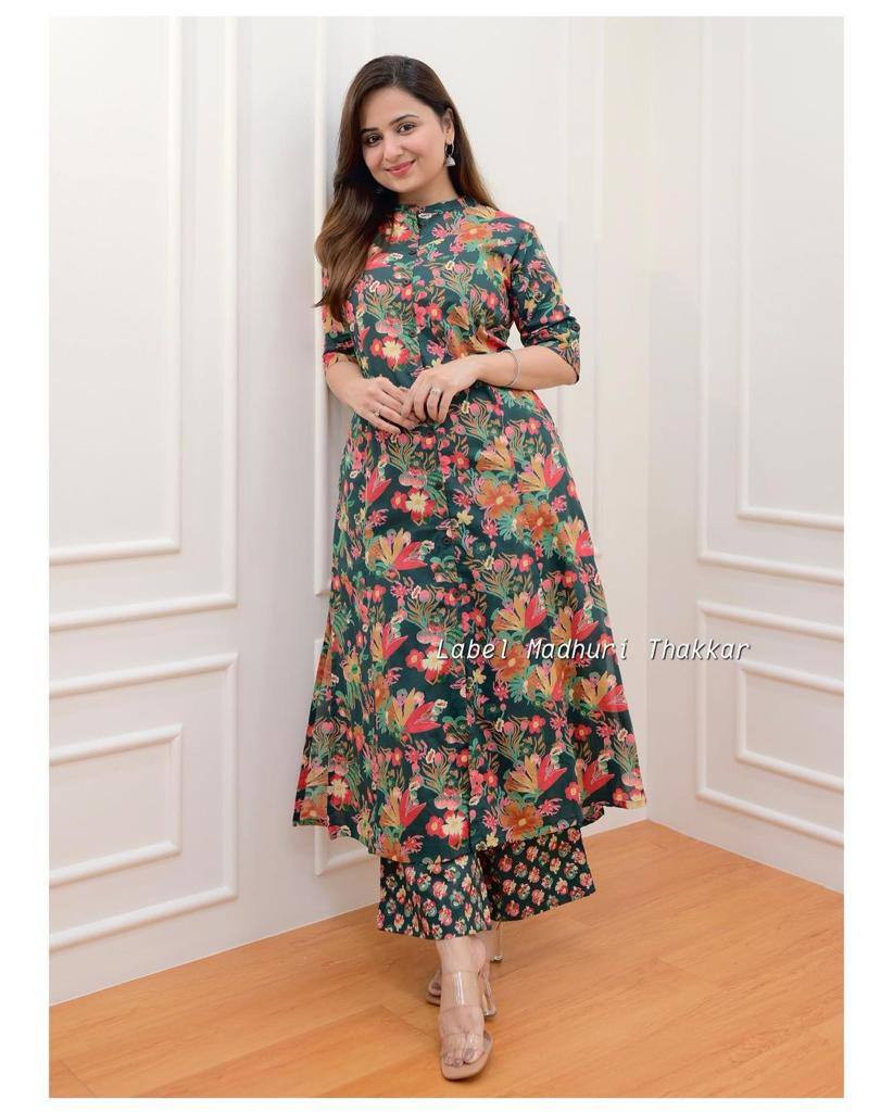 Floral Printed Cotton Fancy Front Open Kurti With Plazzo Pant