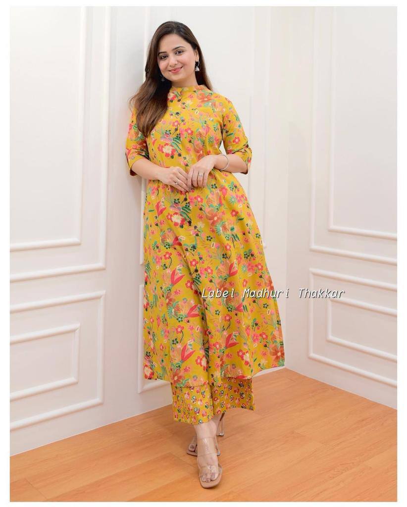 Floral Printed Cotton Fancy Front Open Kurti With Plazzo Pant