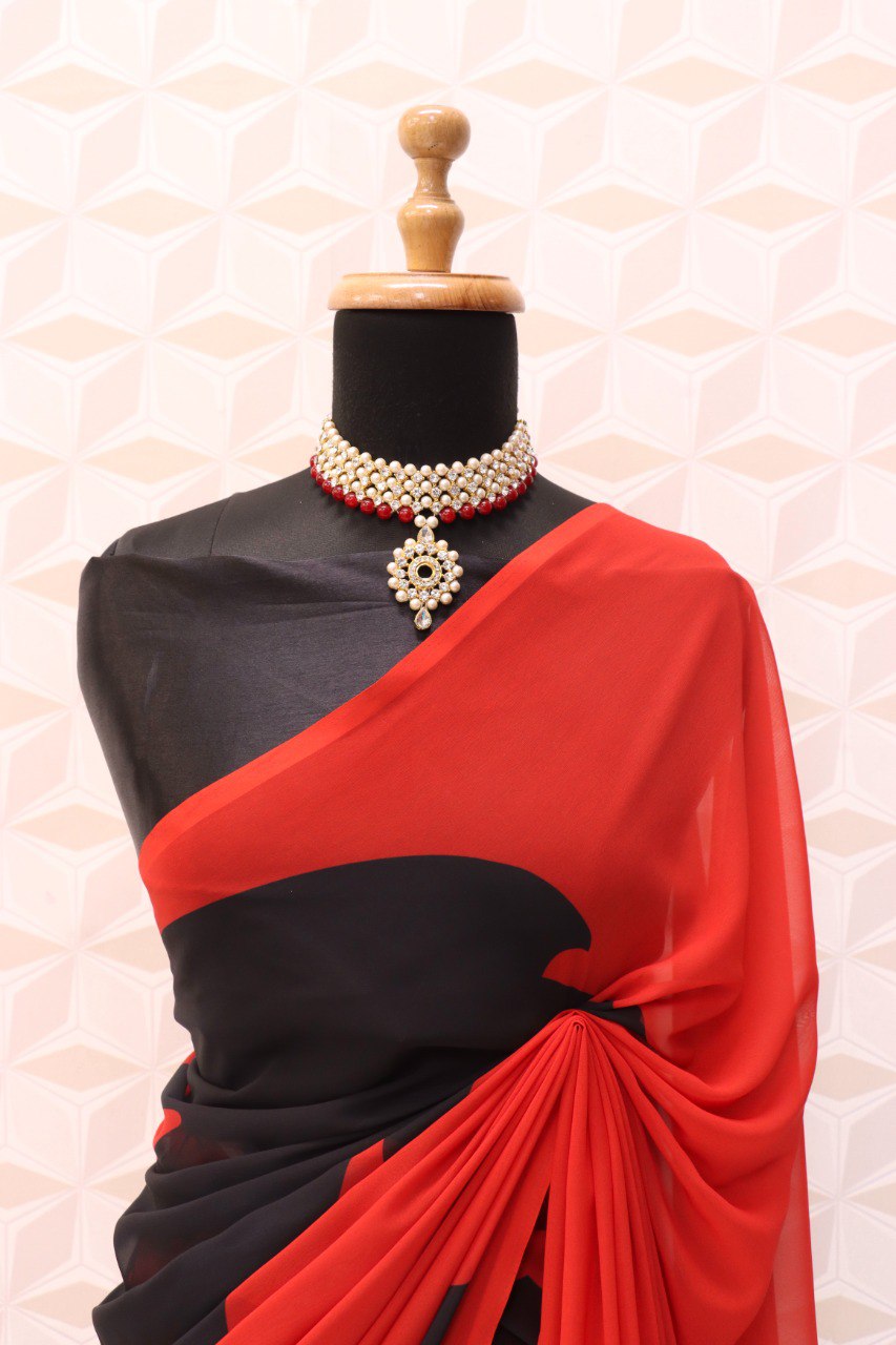 Red& Black Faux Georgette Digital Printed Bollywood Saree For Womens With Beautiful Blouse Piece