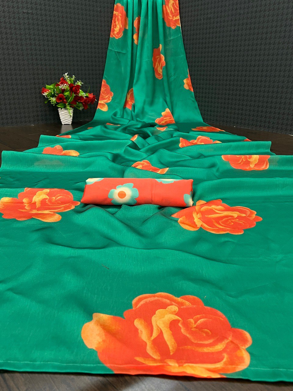 Green&Blue Silk Satin Georgette Saree with Digital Print Work and Matching Blouse