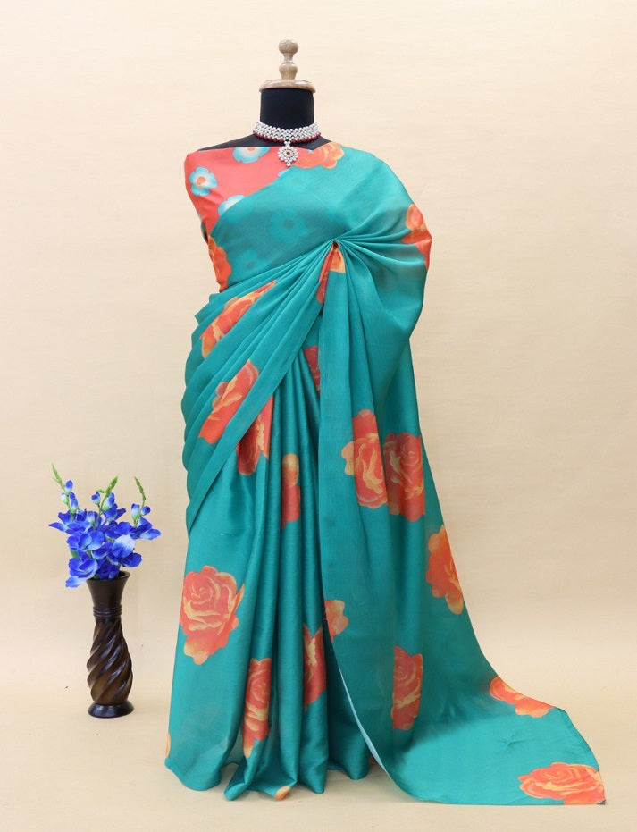 Green&Blue Silk Satin Georgette Saree with Digital Print Work and Matching Blouse