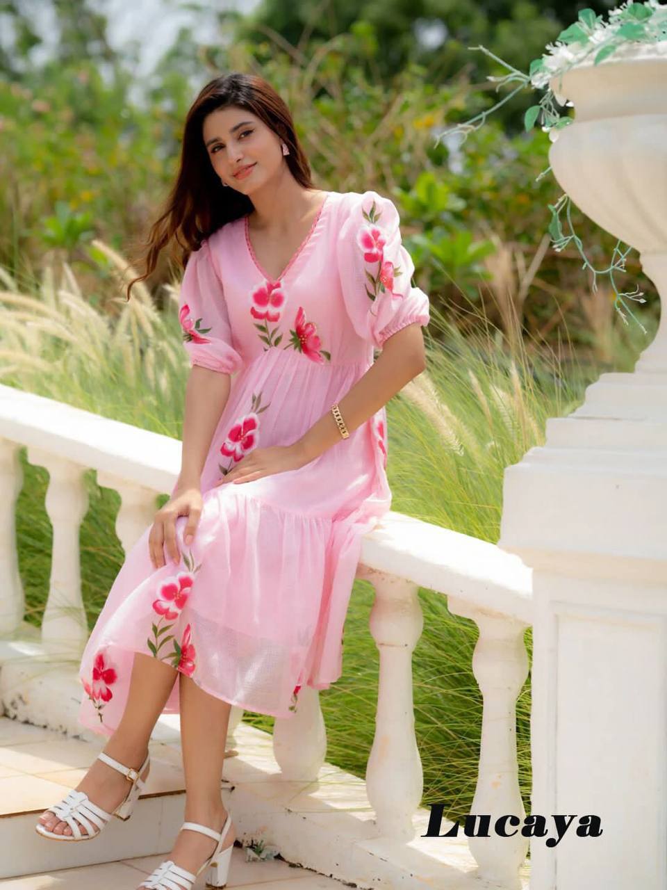 Beautiful Faux georgette Digital Flower Print with full lining Women Party Daily wear Western Midi Dress