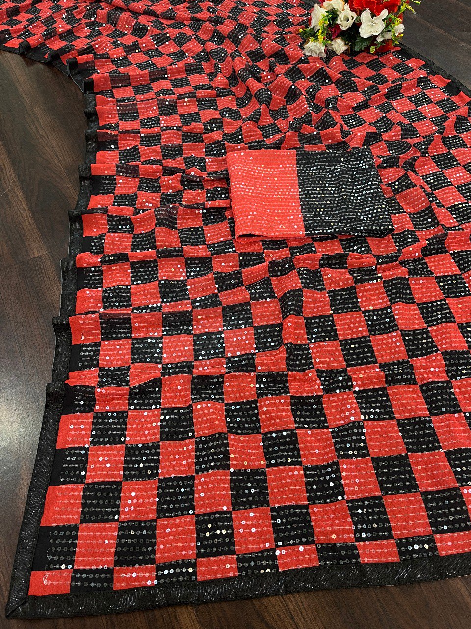 Red&Black Women's Fancy Thread and Sequins Work Digital printed Checkered Faux Georgette Saree With Unstitched Blouse