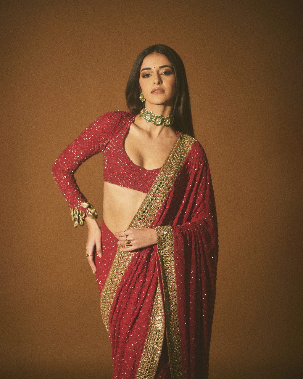RED PRESENTING PURE FAUX GEORGETTE DESIGNER SAREE WITH PREMIUM EMBROIDERY AND SEQUENCE WORK