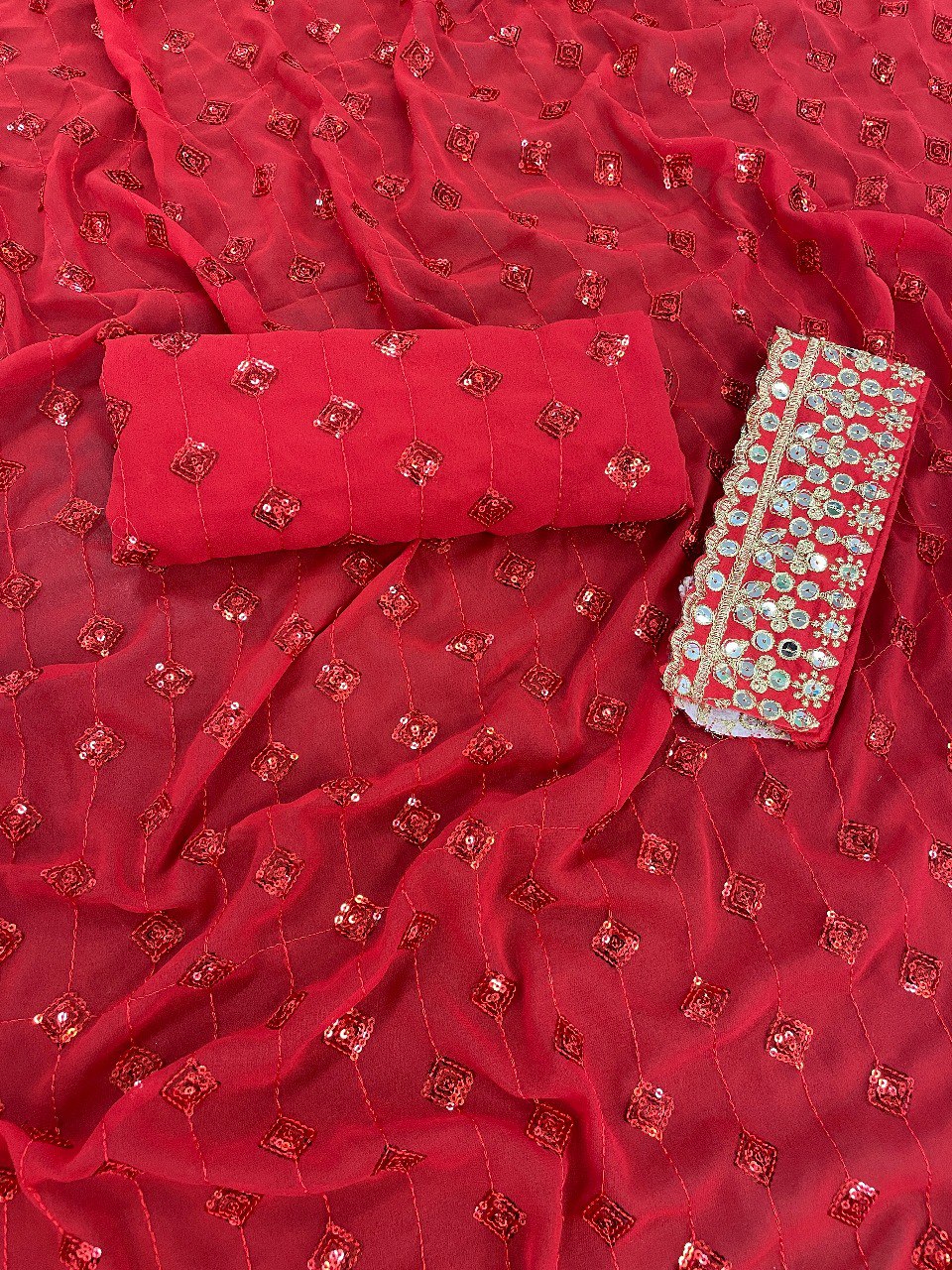RED PRESENTING PURE FAUX GEORGETTE DESIGNER SAREE WITH PREMIUM EMBROIDERY AND SEQUENCE WORK