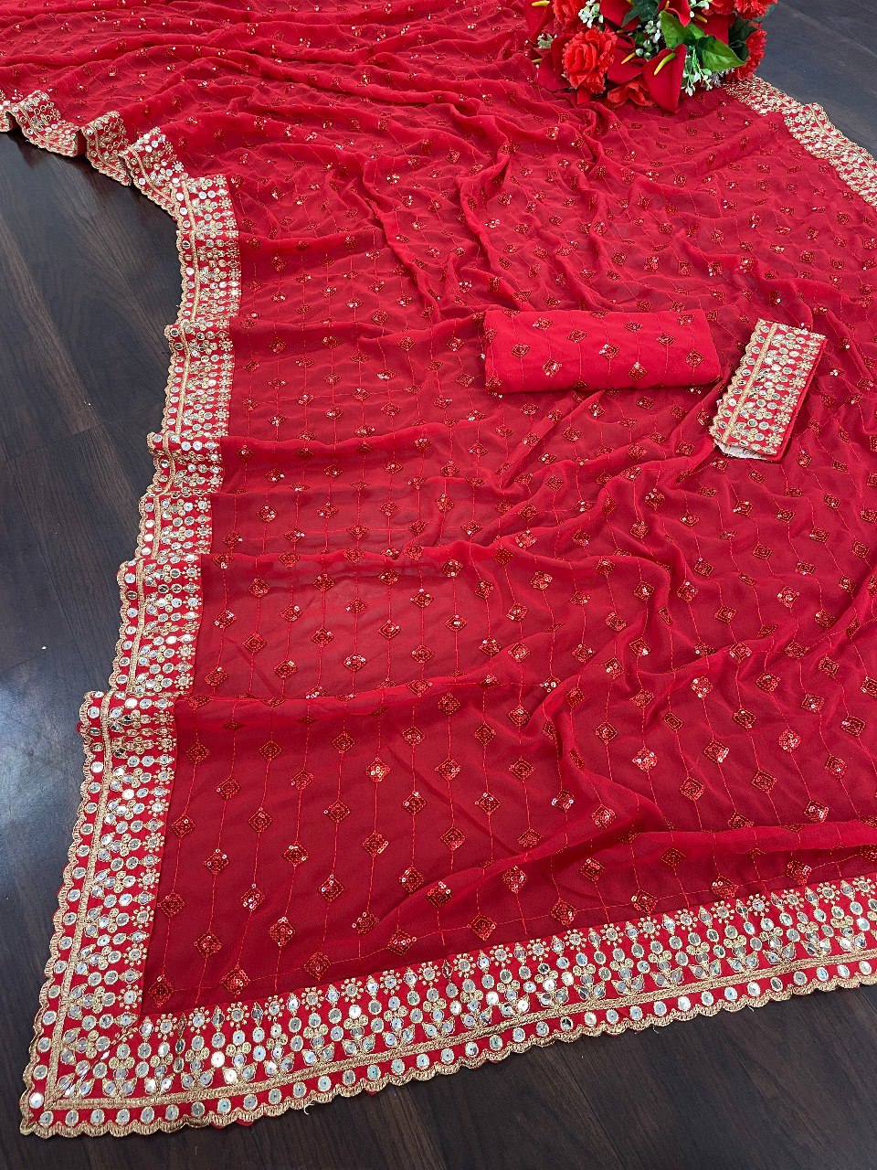 RED PRESENTING PURE FAUX GEORGETTE DESIGNER SAREE WITH PREMIUM EMBROIDERY AND SEQUENCE WORK