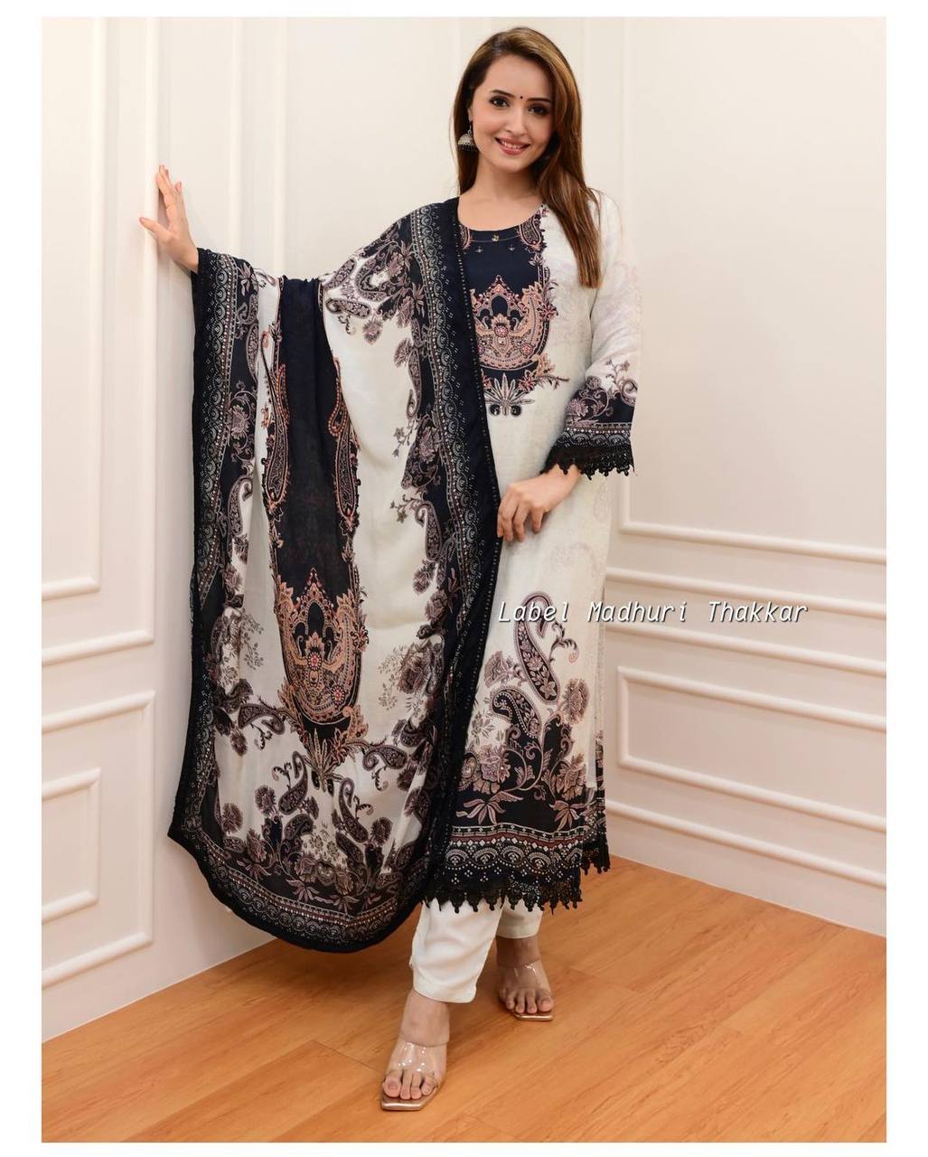 Black and White Beautiful Smart attractive Pakistani sequence embroidered kurta pant and dupatta
