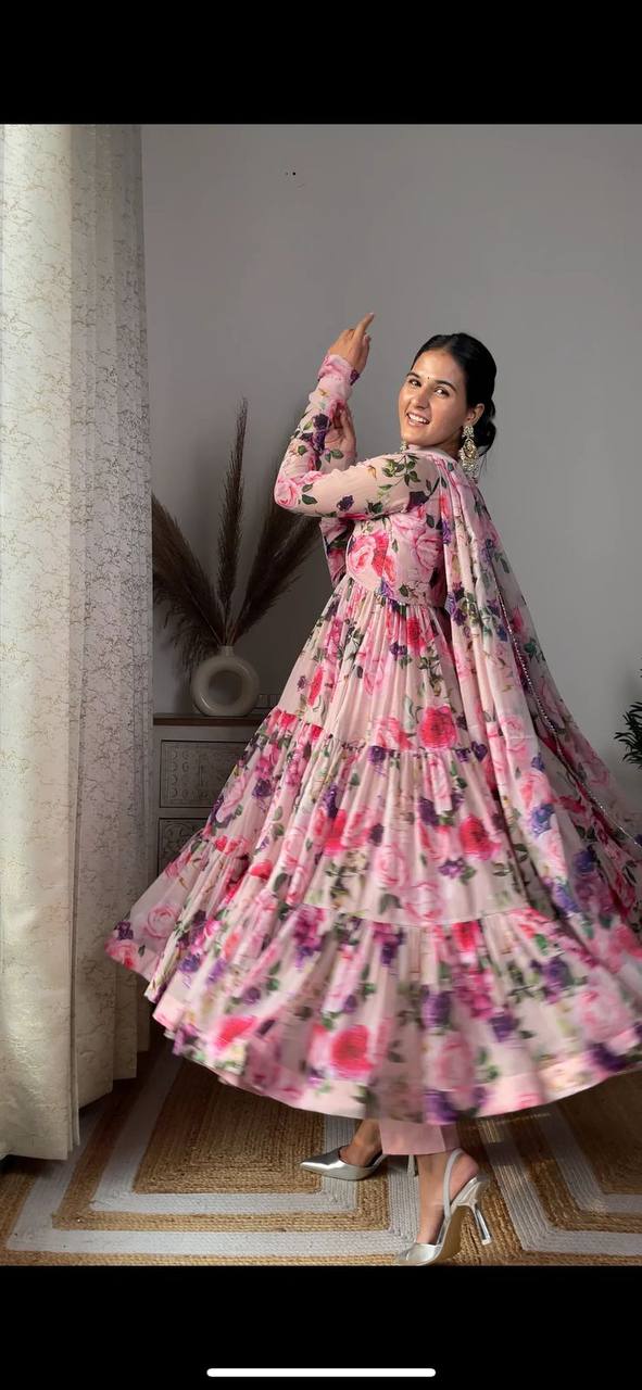 Womens Printed Georgette Ethnic Wear Comfortable Round Neck Designer Gown with Dupatta