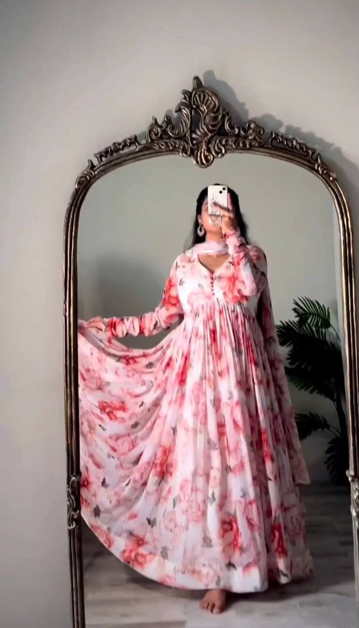 Womens Printed Georgette Ethnic Wear Comfortable Round Neck Designer Gown with Dupatta