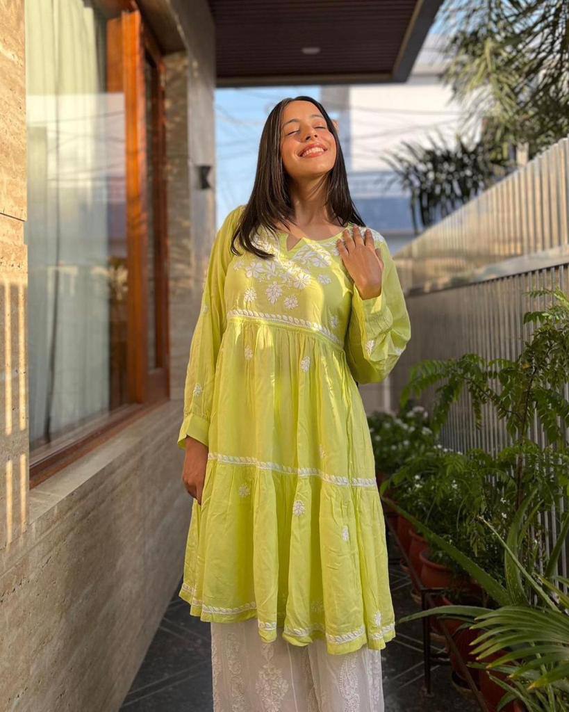 Red & Lemon Green Embroidered Rayon Regular Fit Full Sleeve Lightweight Casual Wear Ethnic Kurta Set with Pant
