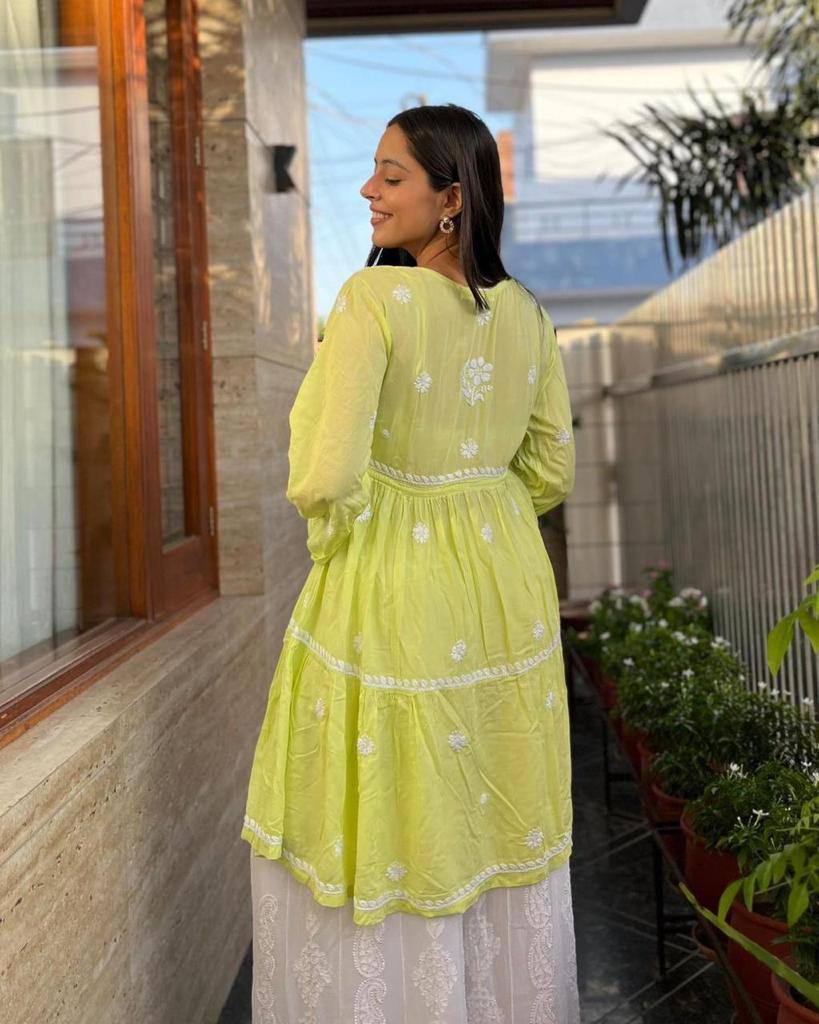 Red & Lemon Green Embroidered Rayon Regular Fit Full Sleeve Lightweight Casual Wear Ethnic Kurta Set with Pant