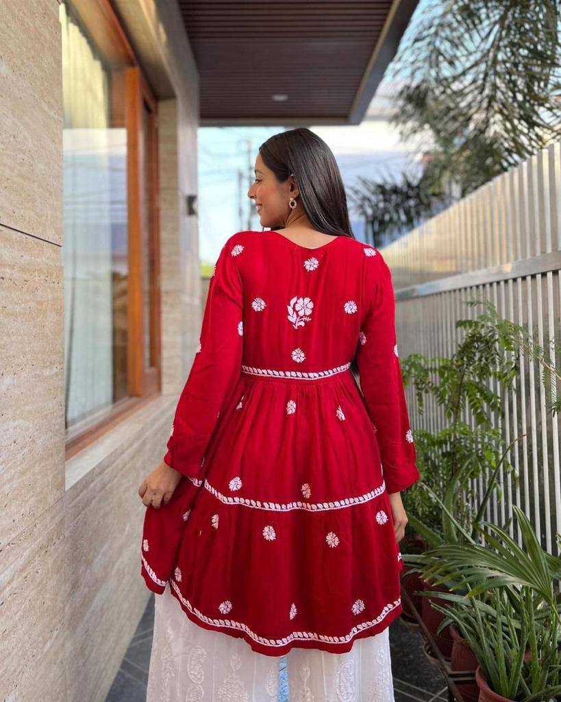 Red & Lemon Green Embroidered Rayon Regular Fit Full Sleeve Lightweight Casual Wear Ethnic Kurta Set with Pant