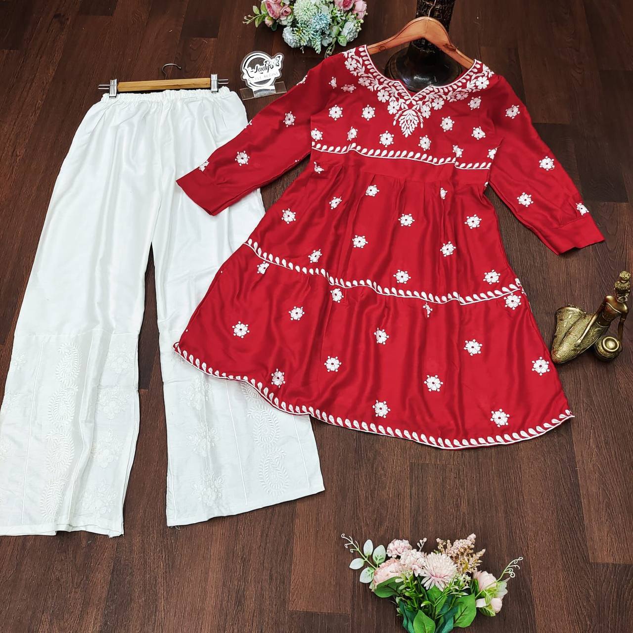 Red & Lemon Green Embroidered Rayon Regular Fit Full Sleeve Lightweight Casual Wear Ethnic Kurta Set with Pant