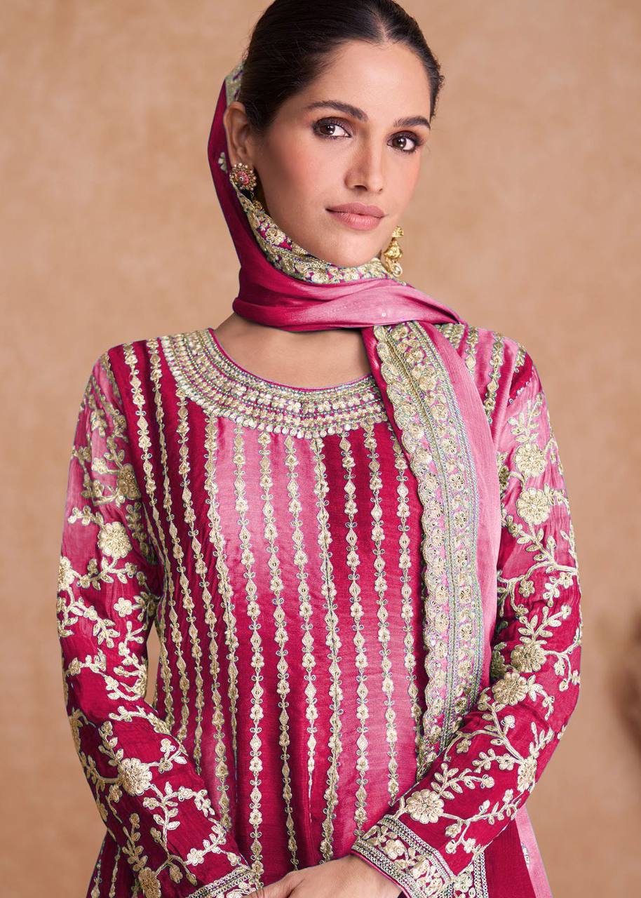 Dual Tone Strip Chinon Heavy Embroidered Stitched Sharara Suit Set With Dupatta