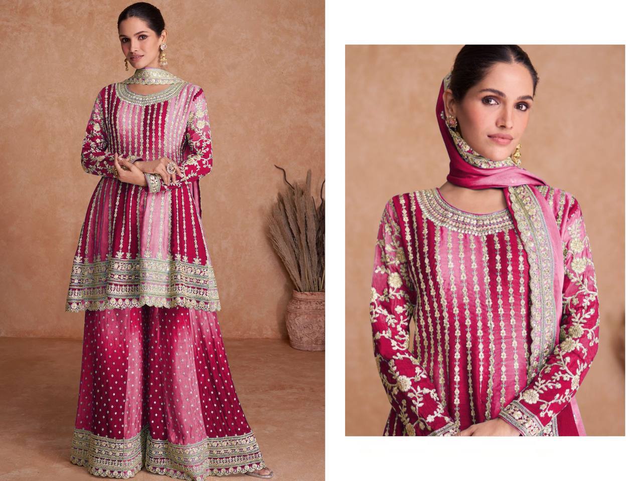 Dual Tone Strip Chinon Heavy Embroidered Stitched Sharara Suit Set With Dupatta