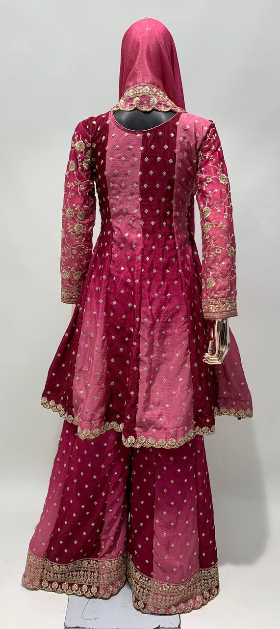 Dual Tone Strip Chinon Heavy Embroidered Stitched Sharara Suit Set With Dupatta
