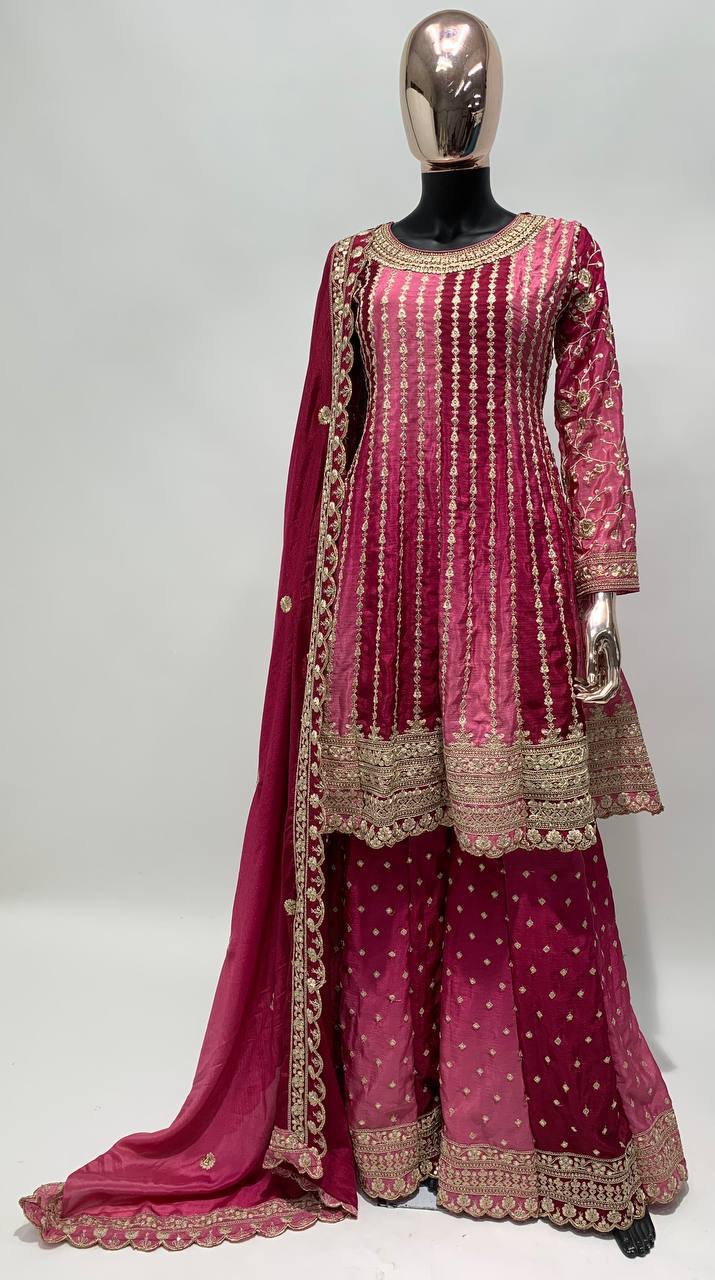 Dual Tone Strip Chinon Heavy Embroidered Stitched Sharara Suit Set With Dupatta