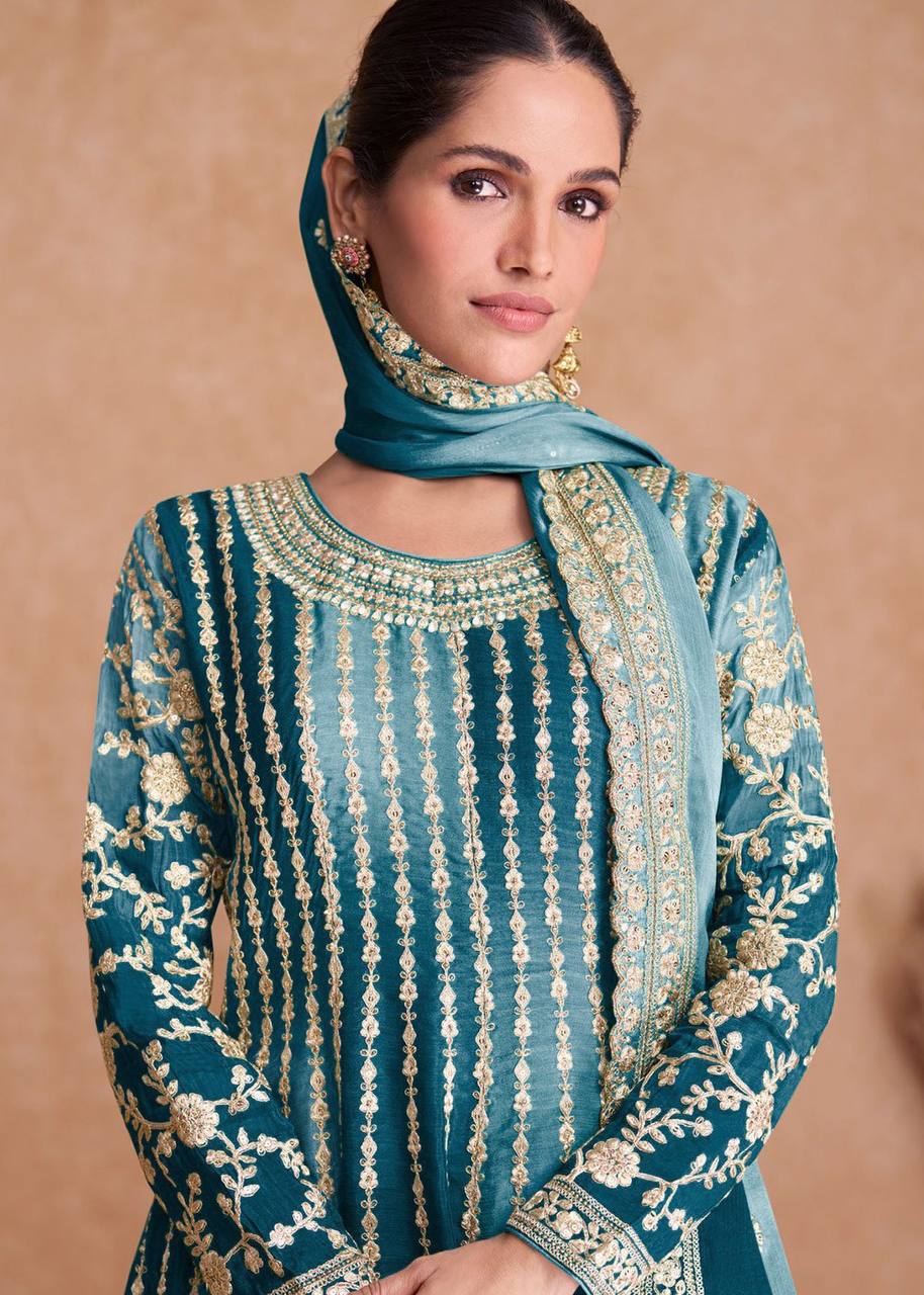 Dual Tone Strip Chinon Heavy Embroidered Stitched Sharara Suit Set With Dupatta
