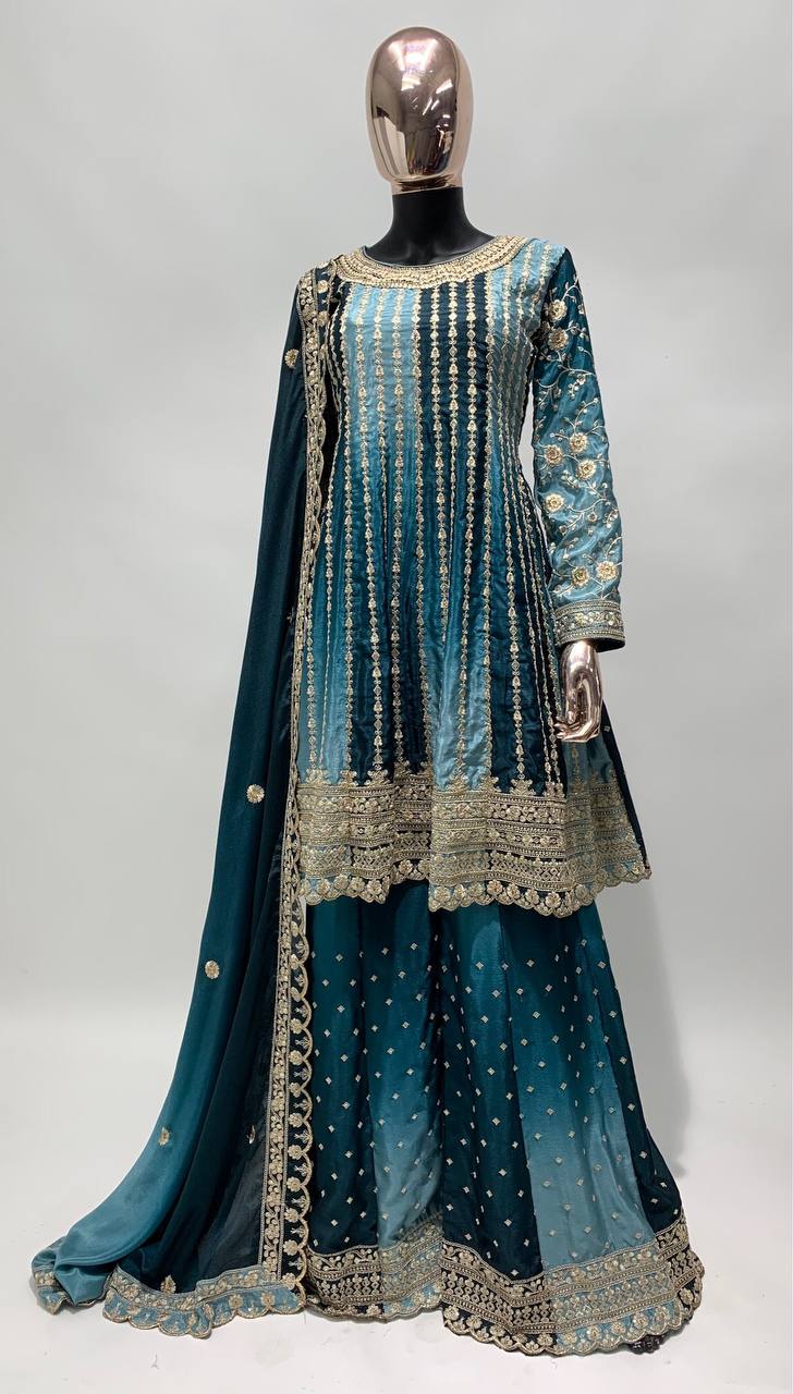 Dual Tone Strip Chinon Heavy Embroidered Stitched Sharara Suit Set With Dupatta