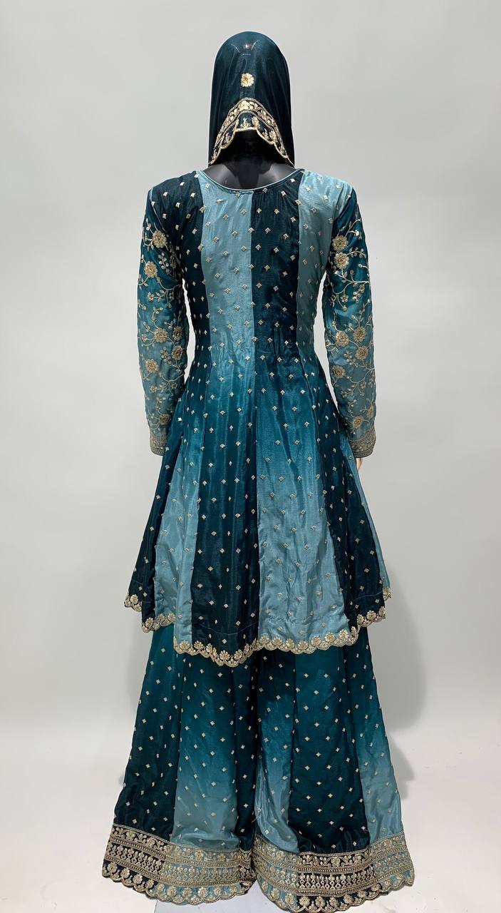 Dual Tone Strip Chinon Heavy Embroidered Stitched Sharara Suit Set With Dupatta