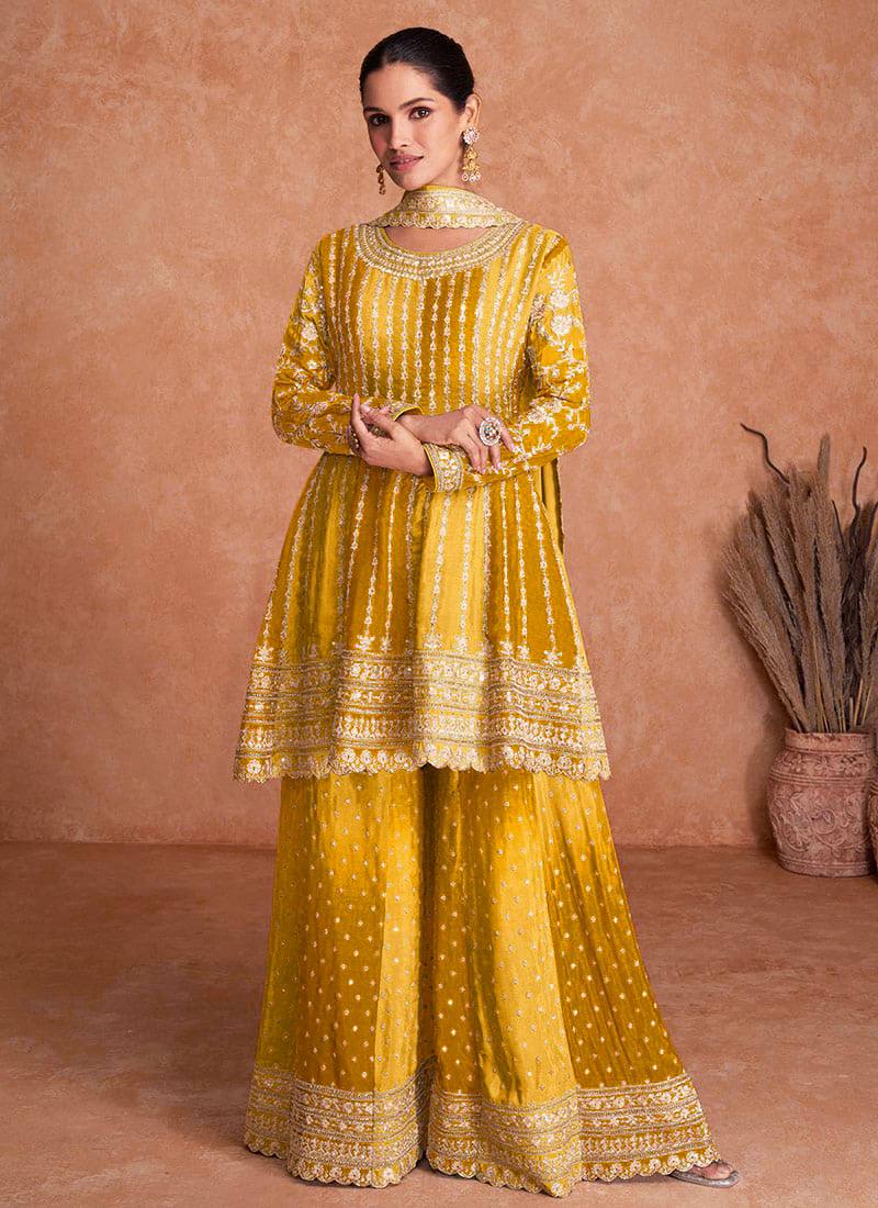 Dual Tone Strip Chinon Heavy Embroidered Stitched Sharara Suit Set With Dupatta
