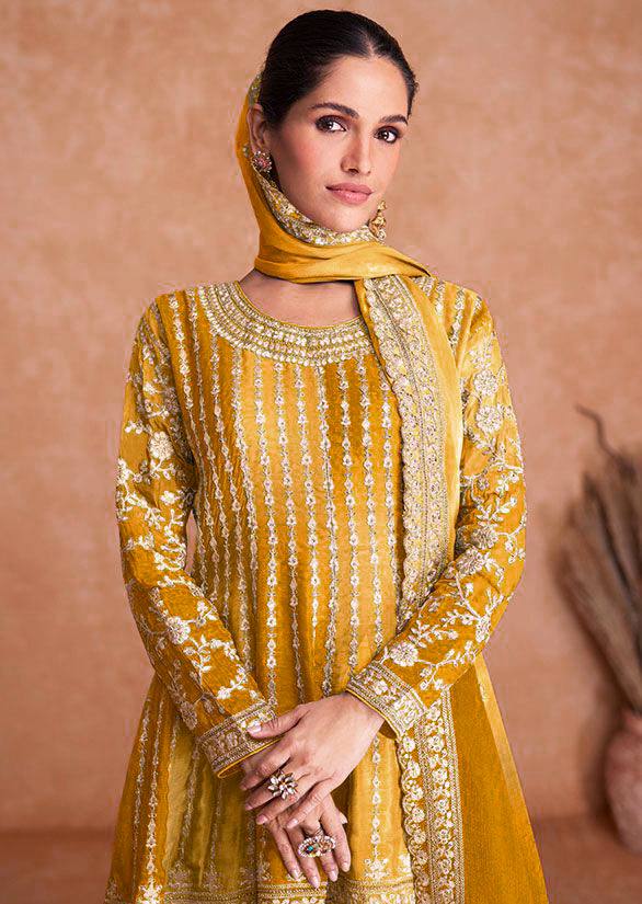 Dual Tone Strip Chinon Heavy Embroidered Stitched Sharara Suit Set With Dupatta