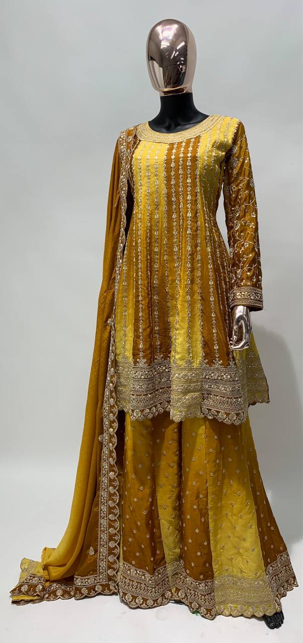 Dual Tone Strip Chinon Heavy Embroidered Stitched Sharara Suit Set With Dupatta