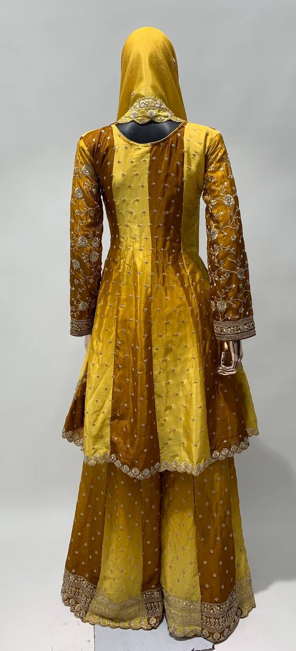 Dual Tone Strip Chinon Heavy Embroidered Stitched Sharara Suit Set With Dupatta